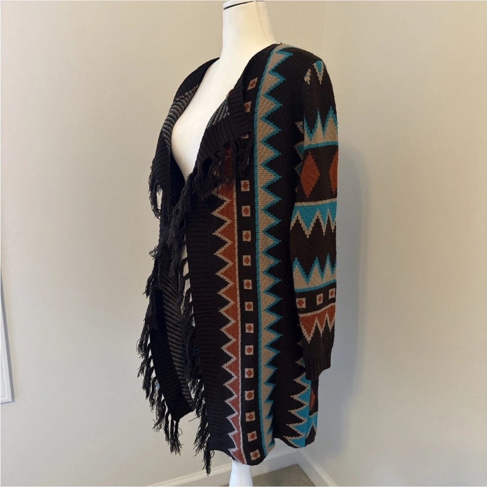 Western Fringe Cardigan Southwestern Aztec Pattern Brown and Teal Wrangler Small